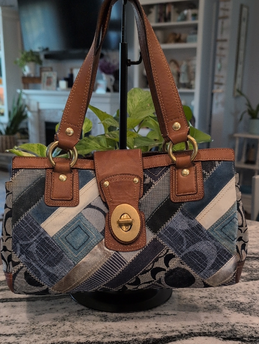Coach VINTAGE Denim & Leather Patchwork Turnlock Bag w/Matching Wristlet